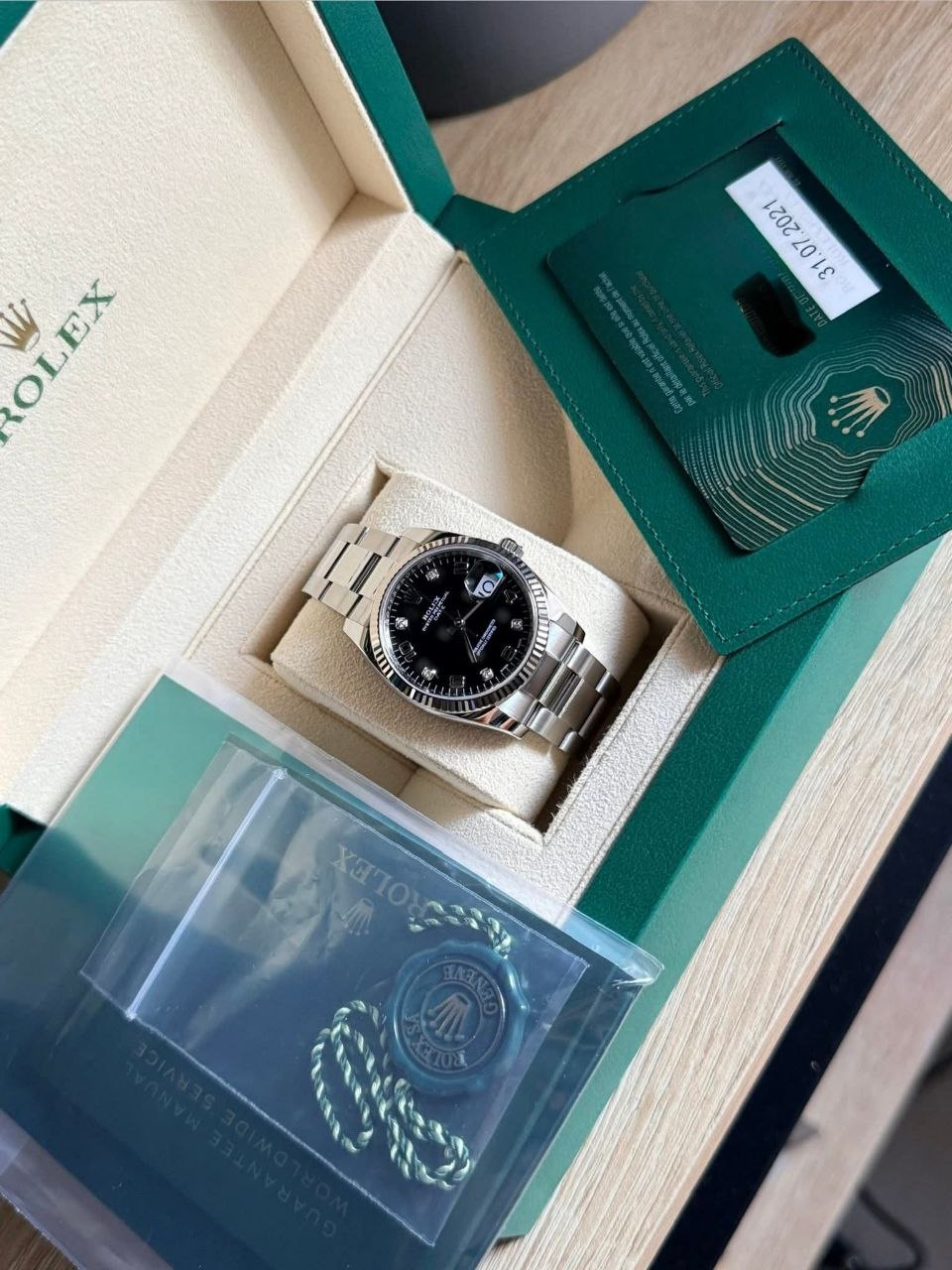 Rolex Oyster Perpetual Date Black Big Diamond Dial 18k White Gold Fluted Bezel