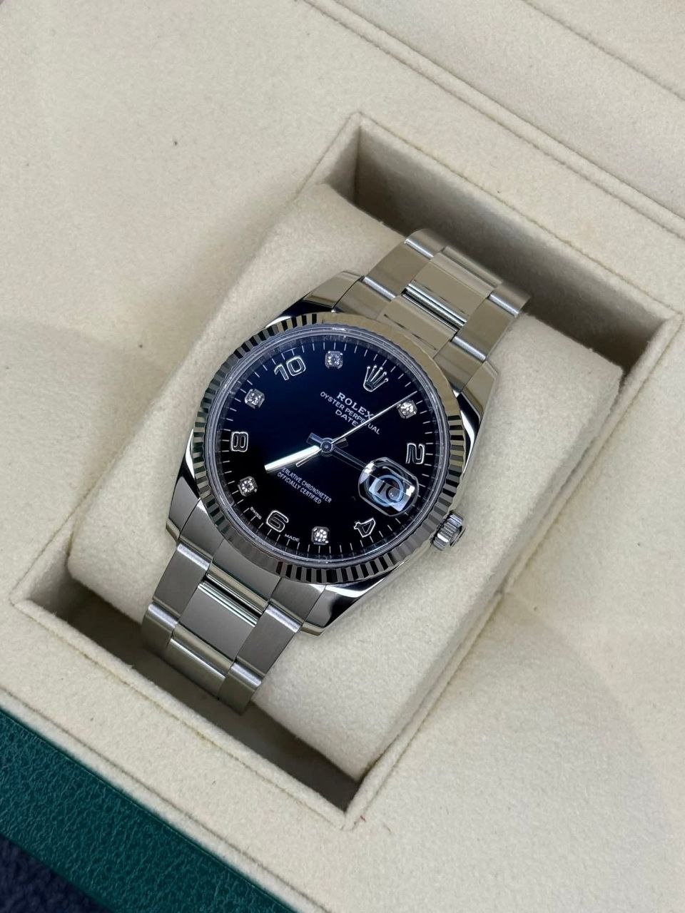 Rolex Oyster Perpetual Date Black Big Diamond Dial 18k White Gold Fluted Bezel