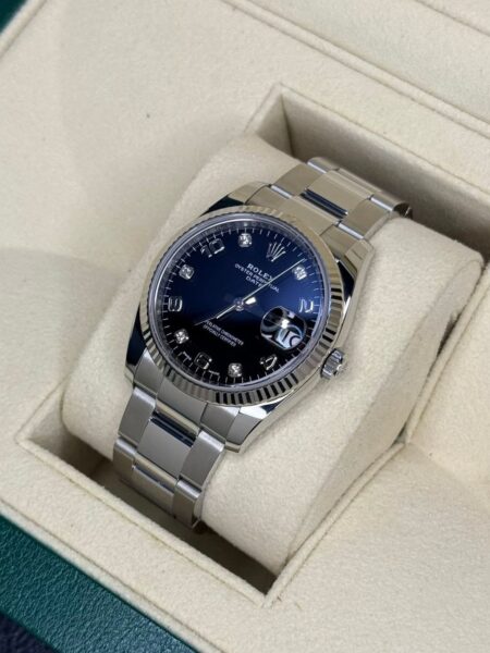 Rolex Oyster Perpetual Date Black Big Diamond Dial 18k White Gold Fluted Bezel