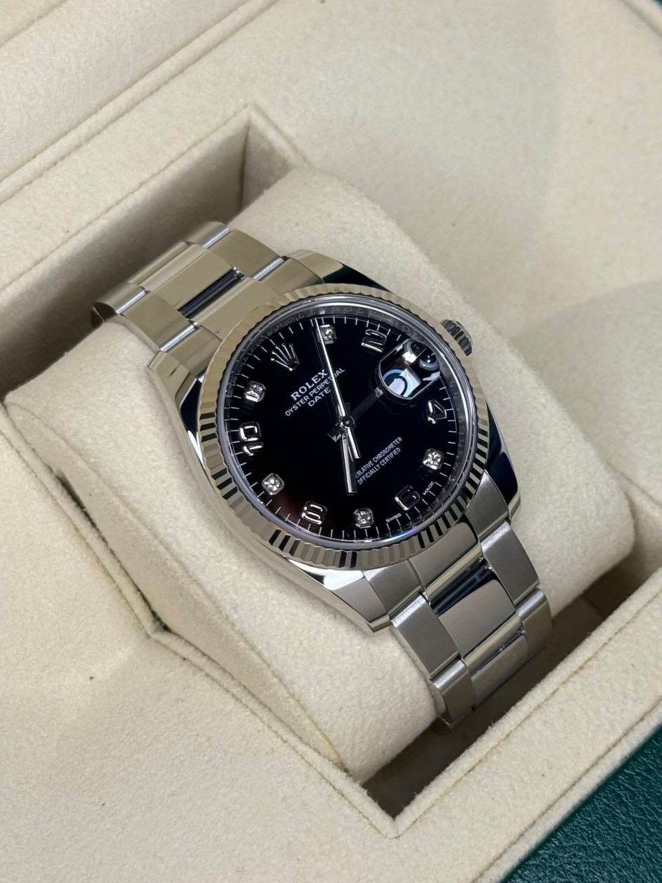 Rolex Oyster Perpetual Date Black Big Diamond Dial 18k White Gold Fluted Bezel